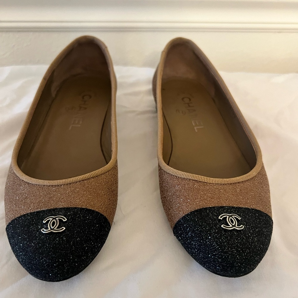 Chanel Tan and Black Flats with Iconic CC Logo